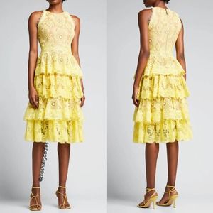 BRONX & BANCO Bridget Dress Yellow Floral Ruffle Tiered Lace Midi